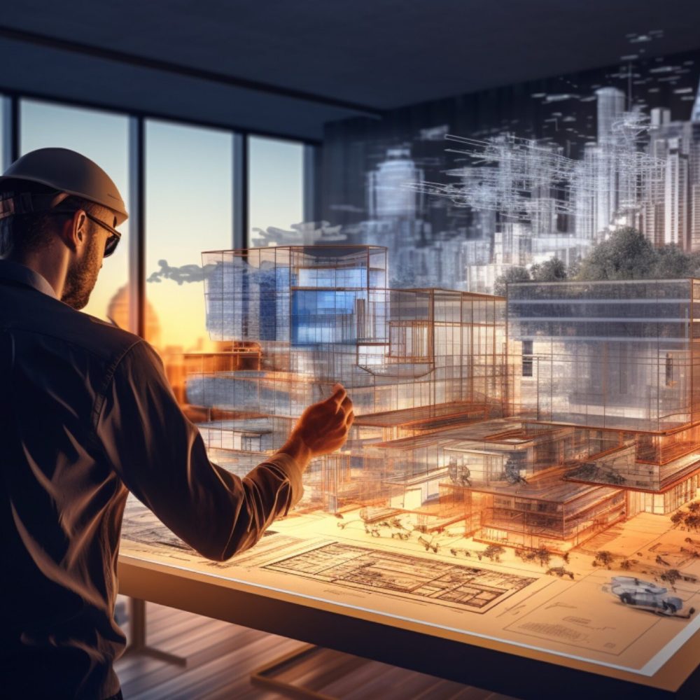 man architect working on a project with VR glasses and new technologies 3d